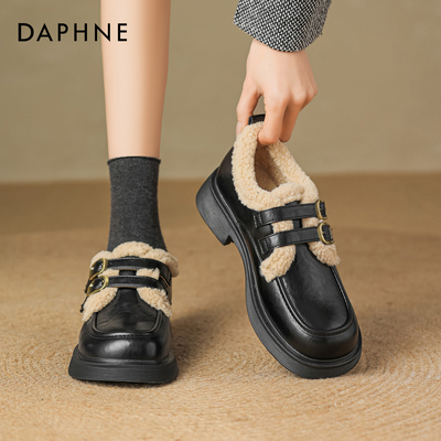 达芙妮加绒乐福鞋女黑色保暖棉鞋
