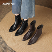 达芙妮法式 加绒女士踝靴瘦瘦靴细跟高跟鞋 尖头短靴女2025新款 冬季