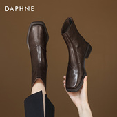 达芙妮棕色短靴女秋冬季 2026新款 踝靴瘦瘦靴子加绒马丁靴平底皮靴