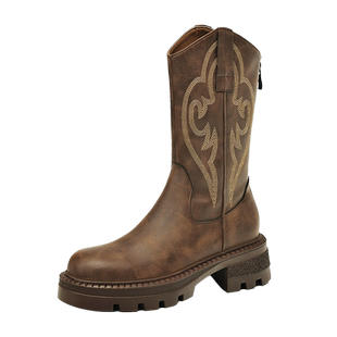 达芙妮西部牛仔靴女款春季短靴新疆旅游草原厚底靴子中筒靴马丁靴