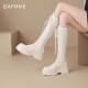 厚底长筒靴2026新款 达芙妮白色靴子女款 冬季 系带马丁靴高筒骑士靴