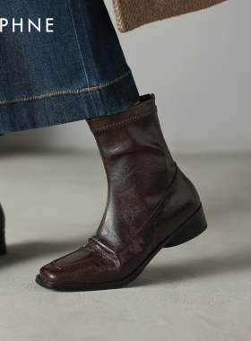 达芙妮方头短靴女2025新款冬季加绒切尔西皮靴平底瘦瘦靴子马丁靴