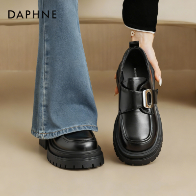 达芙妮黑色乐福鞋女鞋冬魔术贴