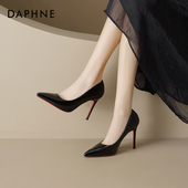 女细跟2026春季 新款 尖头高级感红底单鞋 达芙妮黑色高跟鞋 绝美皮鞋