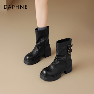 短靴厚底裤 冬季 管靴高跟堆堆靴子女中筒 2025新款 达芙妮马丁靴女款