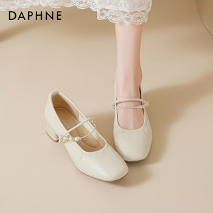 达芙妮法式玛丽珍鞋子2026春季新款绝美方头浅口单鞋粗高跟小皮鞋