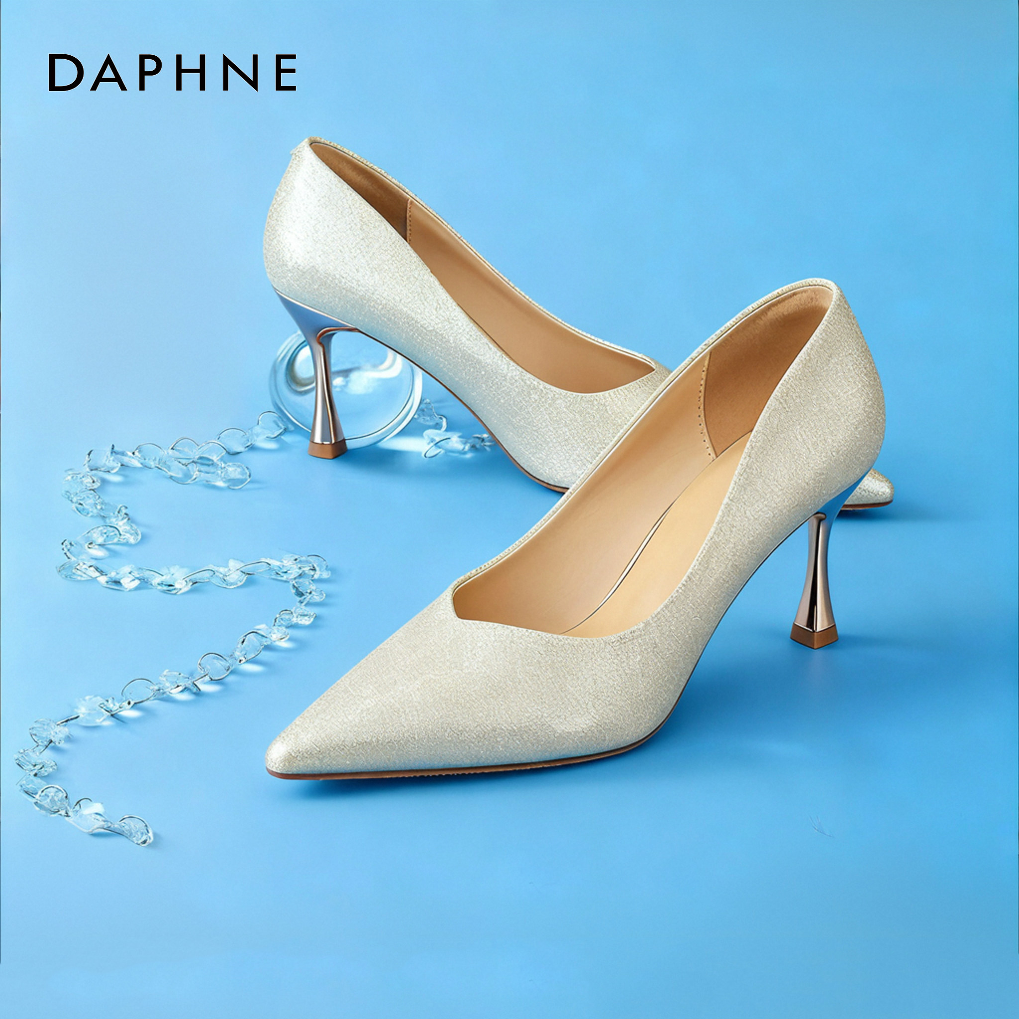 达芙妮金色高跟鞋女尖头细跟绝美水晶新娘婚鞋配婚纱伴娘法式单鞋