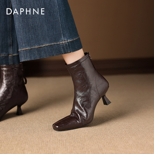 达芙妮细跟高跟短靴女2025新款秋冬尖头气质瘦瘦靴加绒单靴马丁靴