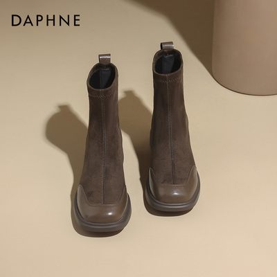 达芙妮棕色短靴女方头平底瘦瘦靴