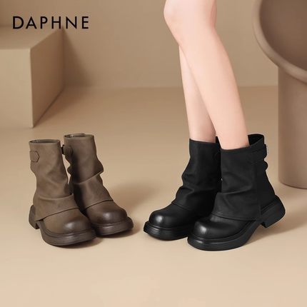 达芙妮厚底短靴女秋冬裤管靴子2025新款冬季鞋子美拉德堆堆马丁靴
