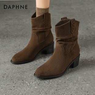 达芙妮高跟短靴女2025新款冬季粗跟西部废土风复古美拉德加绒靴子