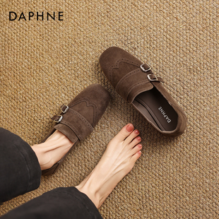 达芙妮老钱风乐福鞋女款2026新款春季棕色布洛克皮鞋绒面平底单鞋