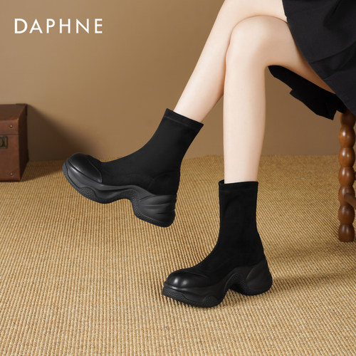 达芙妮厚底弹力短靴黑色瘦瘦靴女