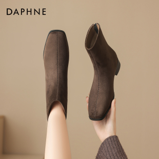 达芙妮绒面短靴女2025新款冬季弹力瘦瘦靴加绒袜靴平底法式妈妈鞋