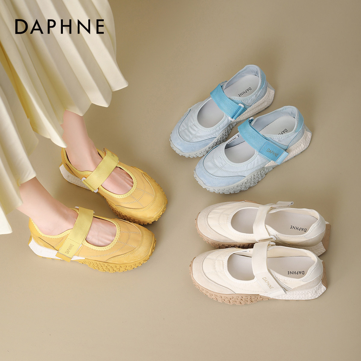 达芙妮运动玛丽珍女鞋2026新款春秋季凉鞋黄色芭蕾厚底德训女鞋子