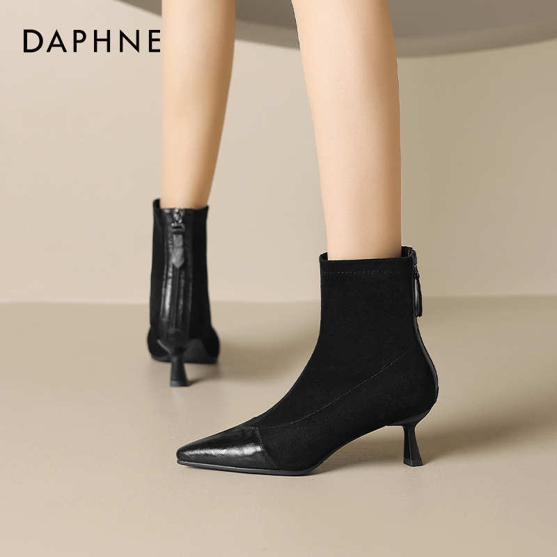 达芙妮弹力瘦瘦靴绒面短靴高跟鞋