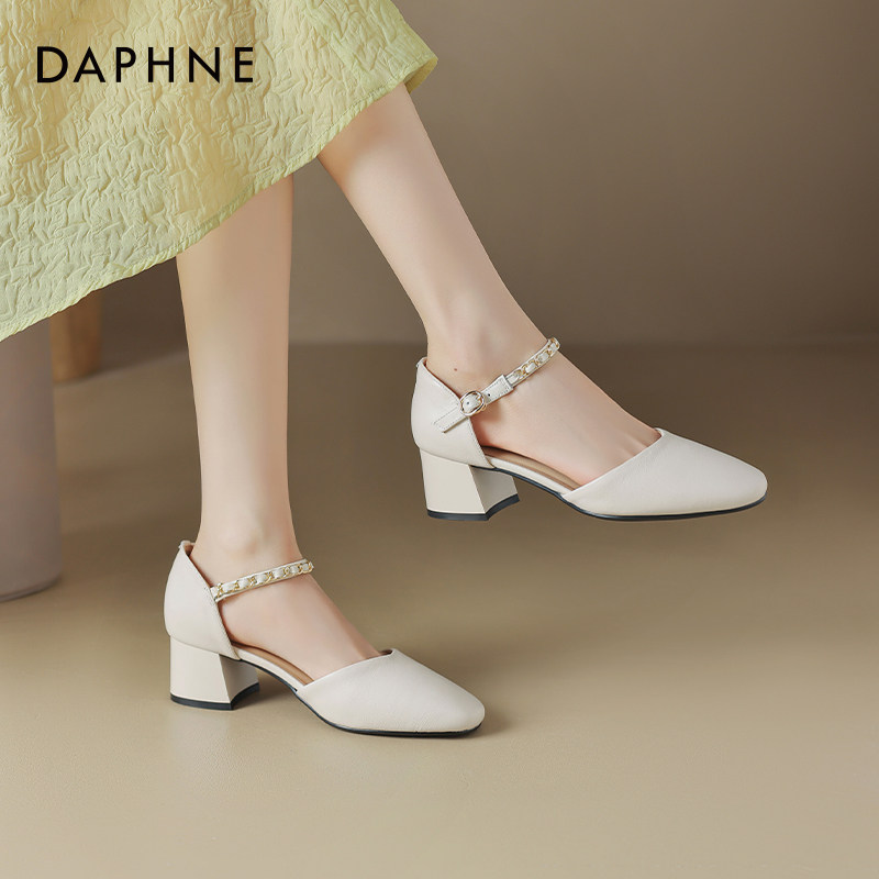 达芙妮包头凉鞋女2025新款夏季粗跟法式单鞋配裙子外穿皮鞋高跟鞋