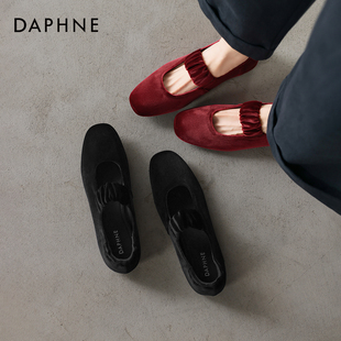 达芙妮红色小单鞋2026新款秋季绒面平底婚鞋软底法式玛丽珍女鞋子