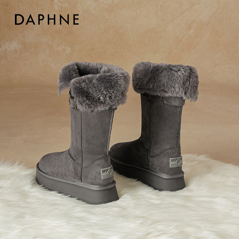 达芙妮加绒长筒雪地靴女保暖棉靴
