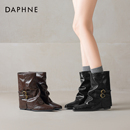 达芙妮棕色短靴女2025新款冬季西部牛仔骑士加绒尖头内增高裤管靴