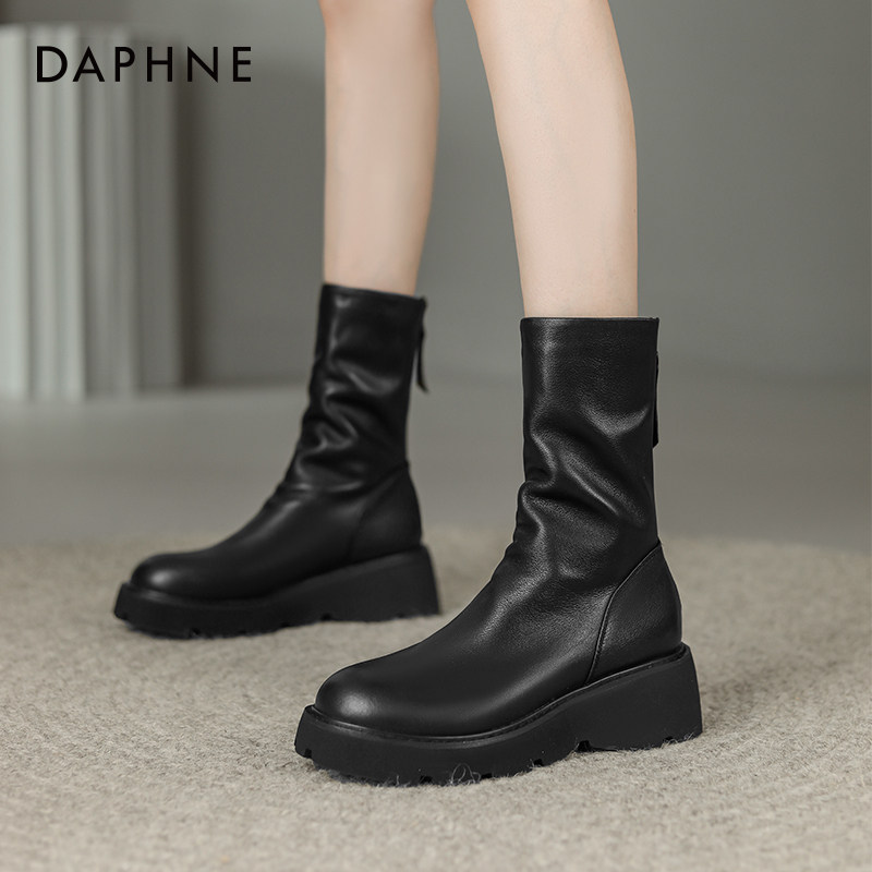 达芙妮马丁靴女款厚底中筒靴2026秋冬春款黑色高跟短靴坡跟瘦瘦靴
