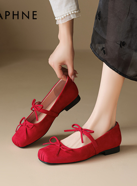 达芙妮红色单鞋女2026新款春季玛丽珍鞋绝美晚晚鞋蝴蝶结芭蕾婚鞋