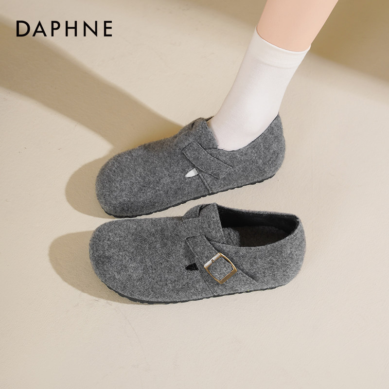达芙妮毛绒勃肯鞋女2025新款春季灰色保暖单鞋一脚蹬软底毛毛鞋女