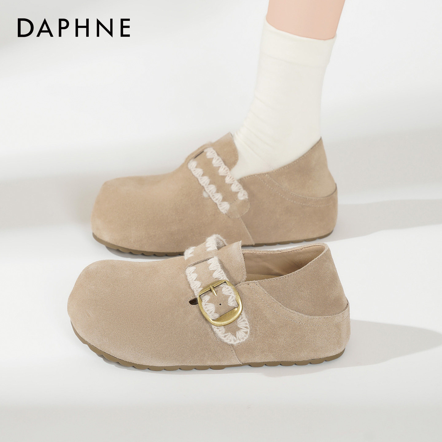 达芙妮厚底勃肯鞋女2026新款春季百搭休闲鞋真皮全包一脚蹬单鞋子