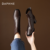 达芙妮棕色小短靴女2026冬季 加绒新款 粗跟马丁靴方头妈妈瘦瘦靴子