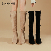 达芙妮靴子女长筒靴2026新款 秋冬季 高筒堆堆骑士中筒尖头黑色长靴