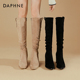 达芙妮靴子女长筒靴2026新款 秋冬季 高筒堆堆骑士中筒尖头黑色长靴
