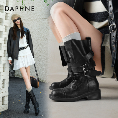 西部中筒靴女款皮带扣机车骑士靴