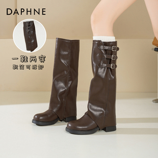 达芙妮厚底长筒靴子女2025新款 管靴堆堆长靴 秋冬皮扣骑士靴两穿裤
