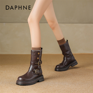 达芙妮棕色短靴子女2025新款冬季加绒美拉德骑士瘦瘦靴中筒马丁靴