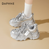 女2026新款 春季 百搭女鞋 达芙妮厚底老爹鞋 银色增高休闲运动鞋 子女