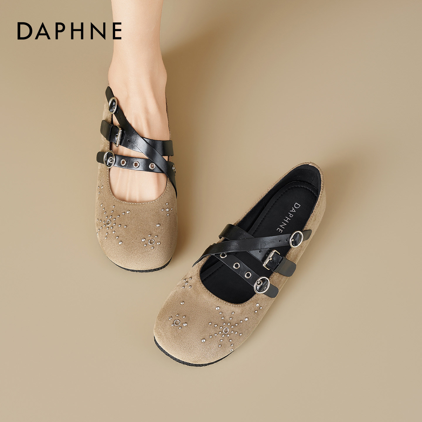达芙妮玛丽珍勃肯鞋女2025新款冬季铆钉百搭平底舒适勃肯圆头单鞋,女鞋,玛丽珍鞋,淘宝优惠券,粉丝福利购,淘宝优惠卷