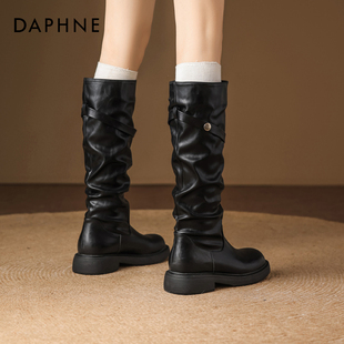 达芙妮黑色靴子女款长筒靴2025冬季新款加绒保暖雪地靴堆堆骑士靴