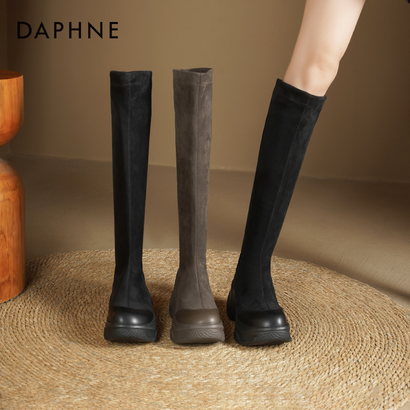 达芙妮厚底黑色长靴弹力瘦瘦靴子