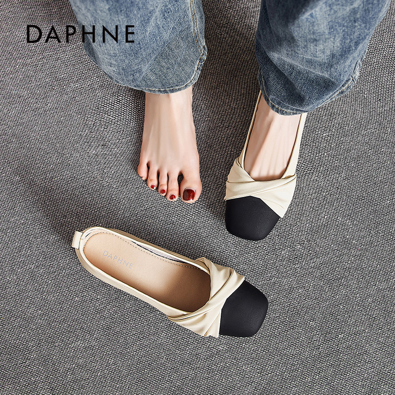 达芙妮小香风单鞋女低跟2026新款春季拼色方头一脚蹬软底妈妈瓢鞋