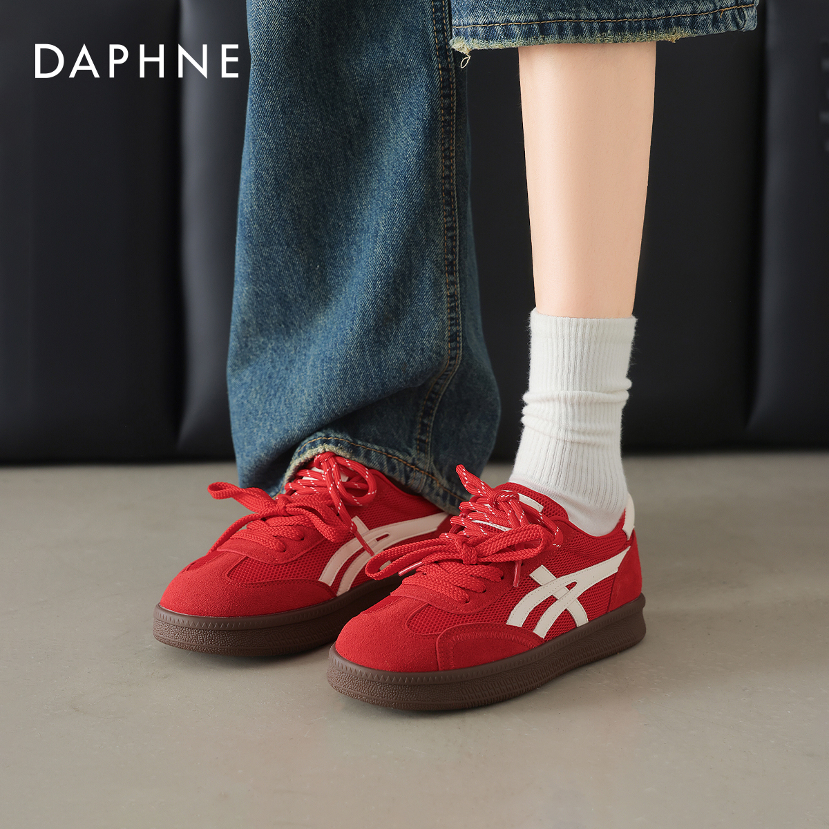 复古红色德训鞋女运动休闲厚底鞋