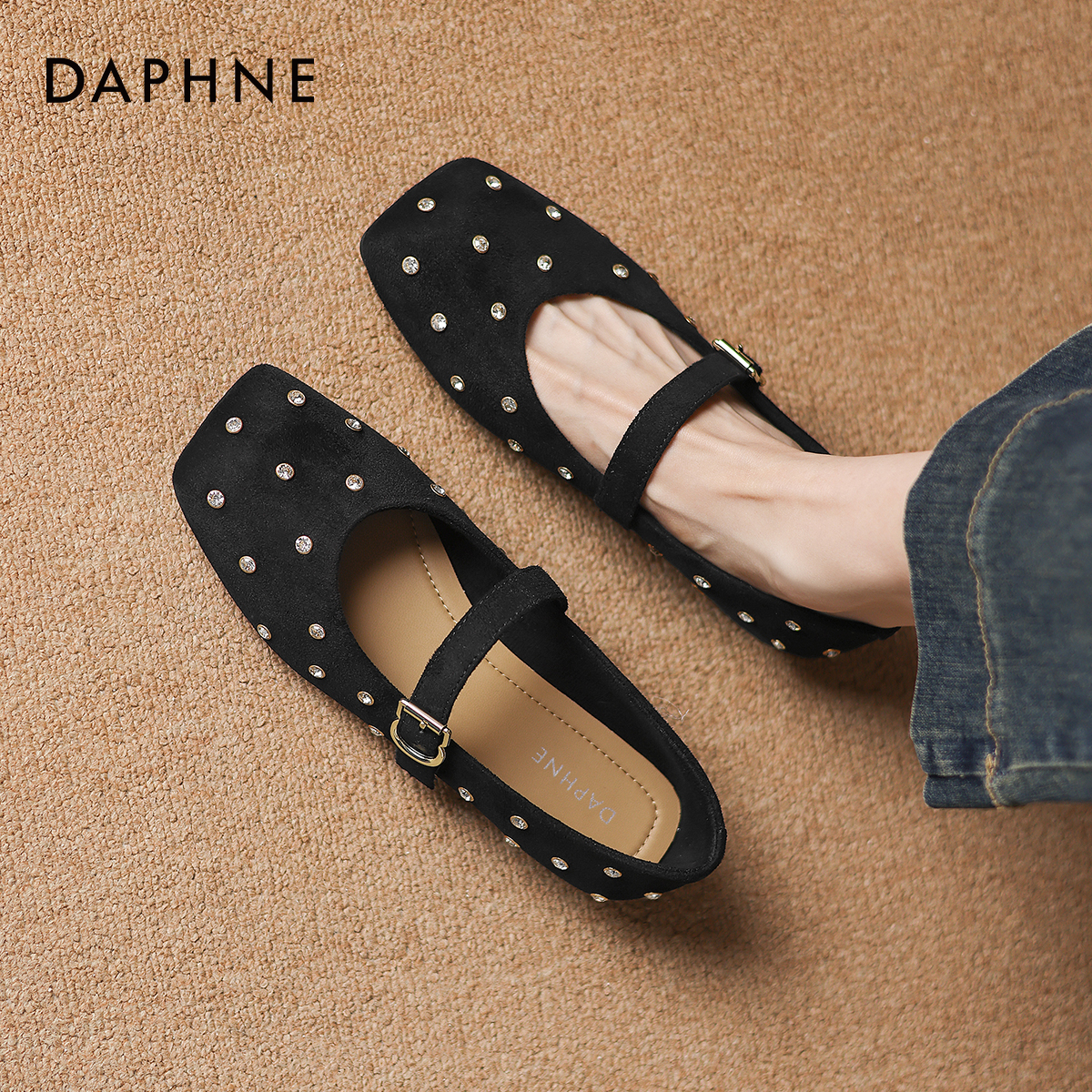 达芙妮玛丽珍单鞋铆钉方头浅口鞋