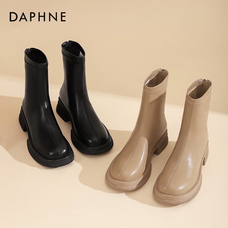 达芙妮短靴女款2026新款百搭靴子早春复古黑色马丁靴法式切尔西靴