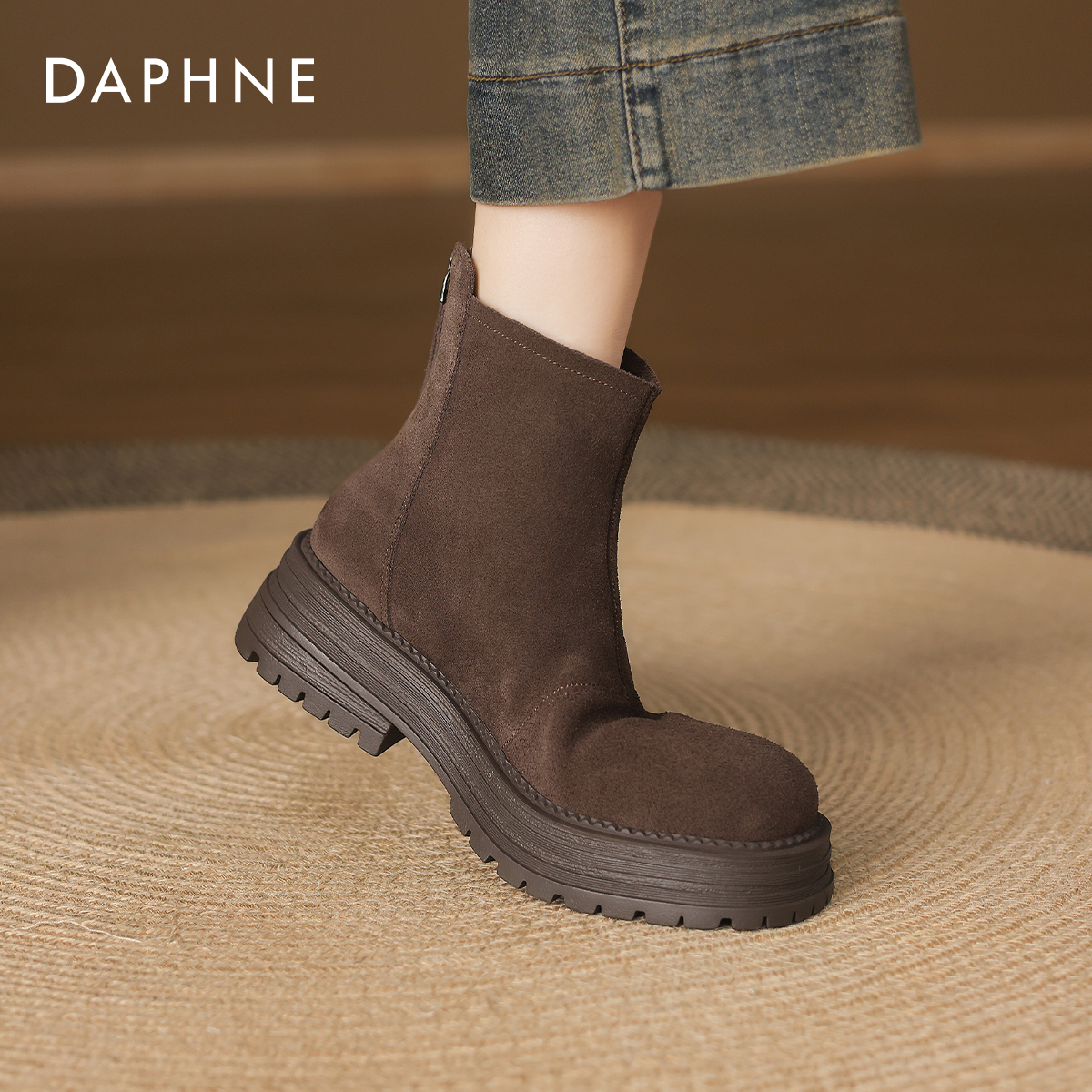 达芙妮加绒短靴女绒面瘦瘦靴子