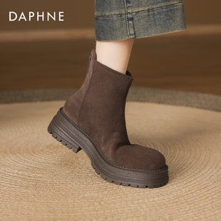 达芙妮加绒短靴女2025新款冬季绒面瘦瘦靴子女秋冬法式厚底马丁靴