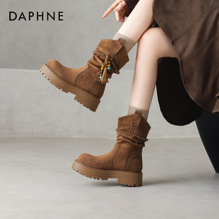 达芙妮棕色短靴女2025新款 流苏堆堆靴西部骑士靴厚底马丁靴 秋冬季