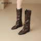 加绒骑士裤 达芙妮棕色长筒靴女冬季 尖头高筒堆堆靴子2026新款 管靴
