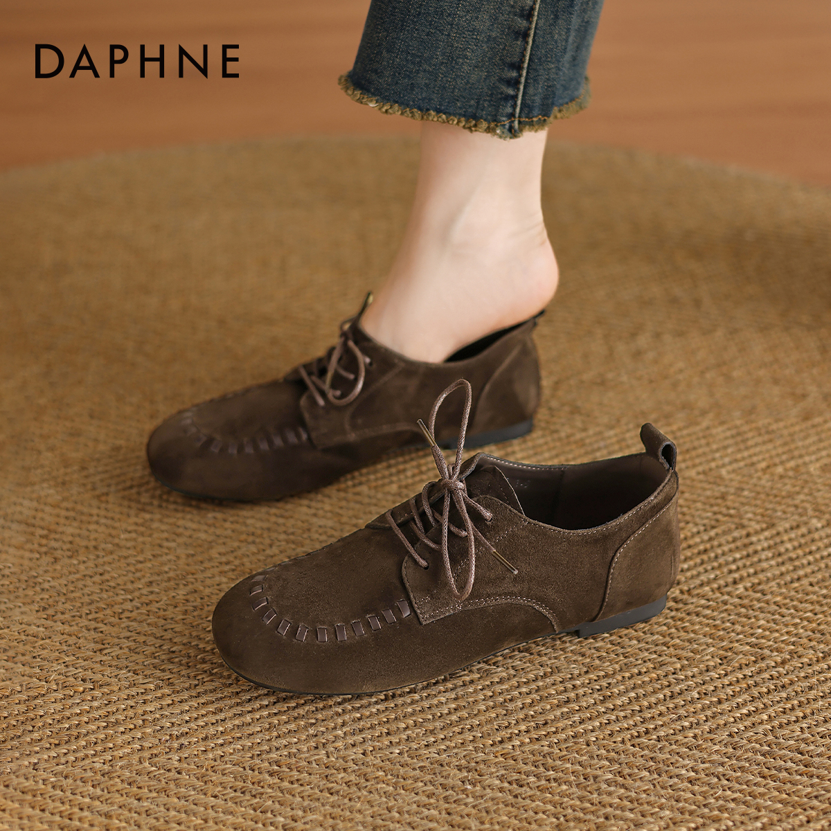 棕色复古绒面平底鞋子英伦皮鞋女