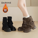 达芙妮厚底短靴女2025新款冬季棕色马丁靴美拉德裤管靴加绒靴子女