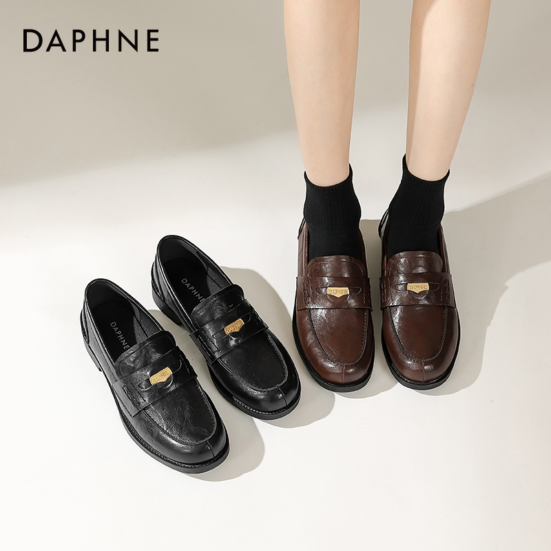 达芙妮金币乐福鞋黑色单鞋小皮鞋