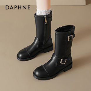 达芙妮骑士靴女2026新款春季靴子黑色马丁靴中筒皮面软底裤管靴